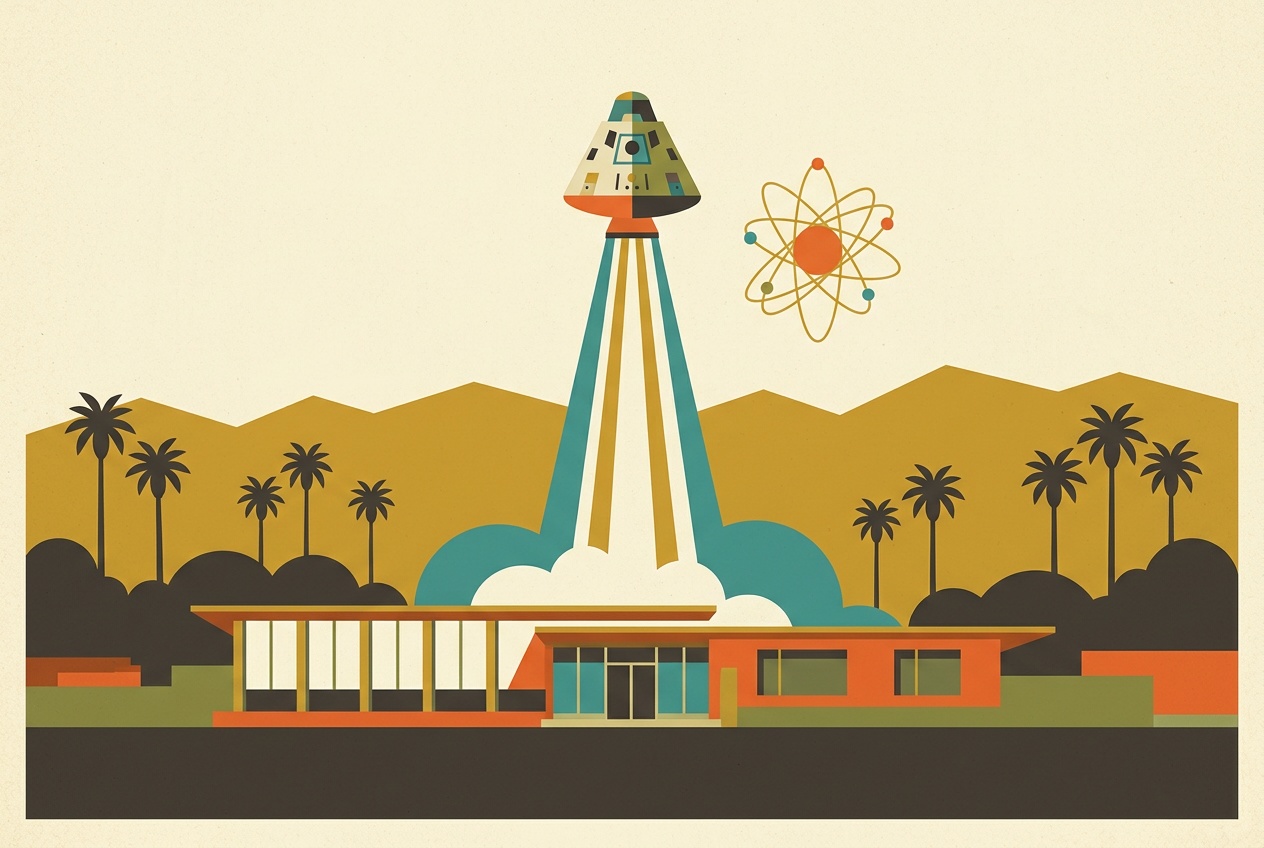 A mid-century jet-age illustration of Downey aerospace, a stylized space capsule and rocket with a contrail over the plant.