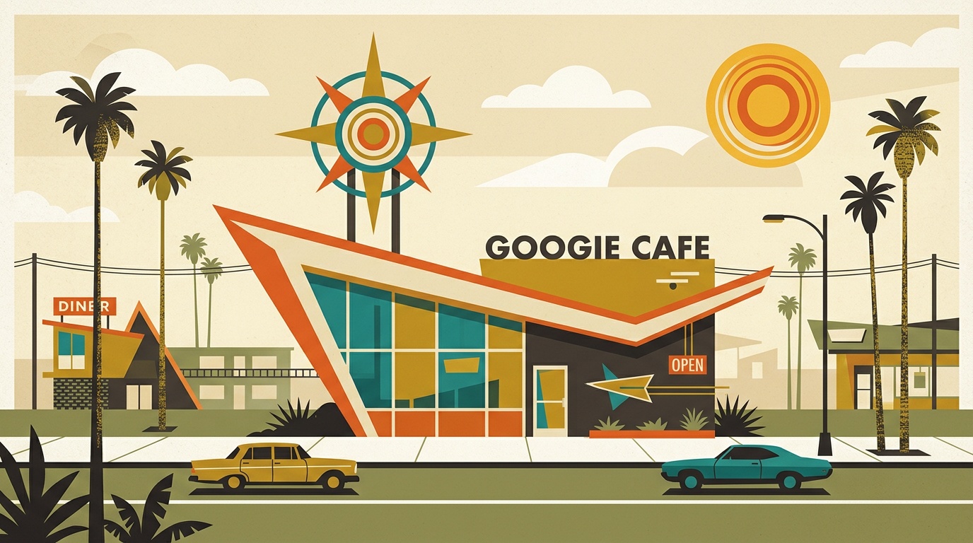 A mid-century-modern illustration of a Downey Googie-era diner and commercial strip with boomerang rooflines.