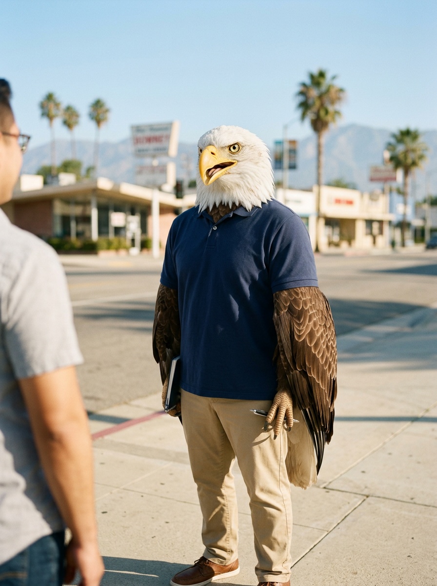 Downey K-12 online home school. Eagle, Head of School, on a downtown Downey sidewalk in warm morning light.