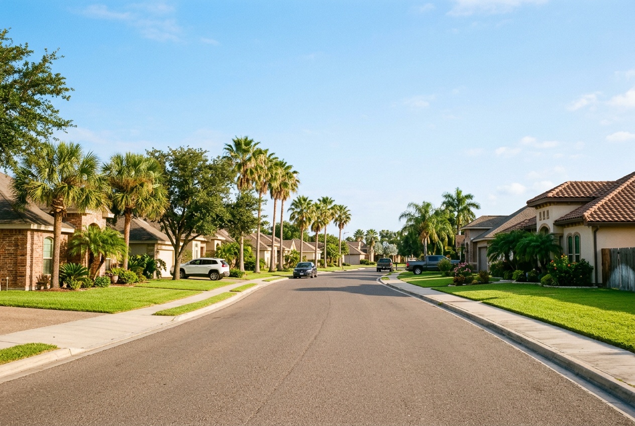 Edinburg online home school K-12: a wide sunlit residential street in Edinburg, Texas, in Hidalgo County.