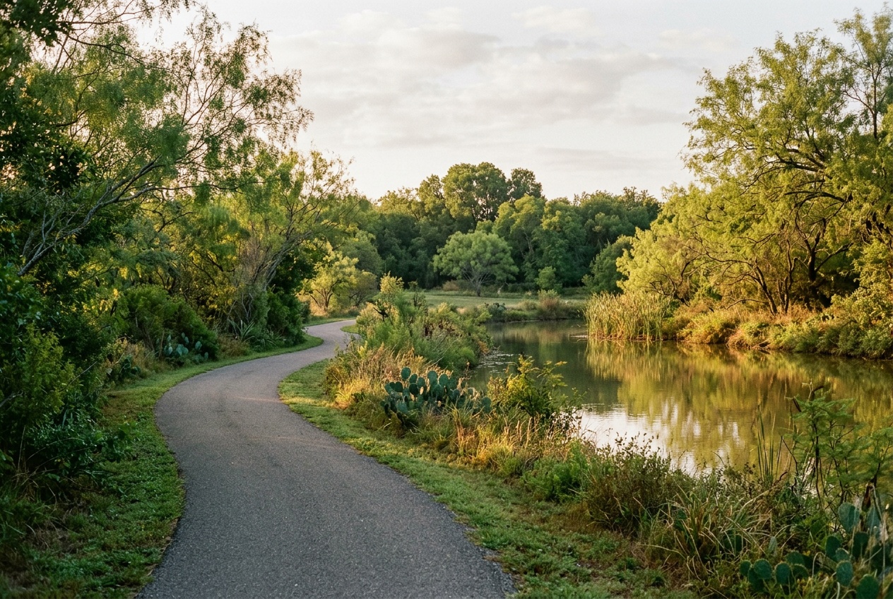 Edinburg Texas online homeschool: a green city park walking trail in Edinburg, Texas, in the Rio Grande Valley.