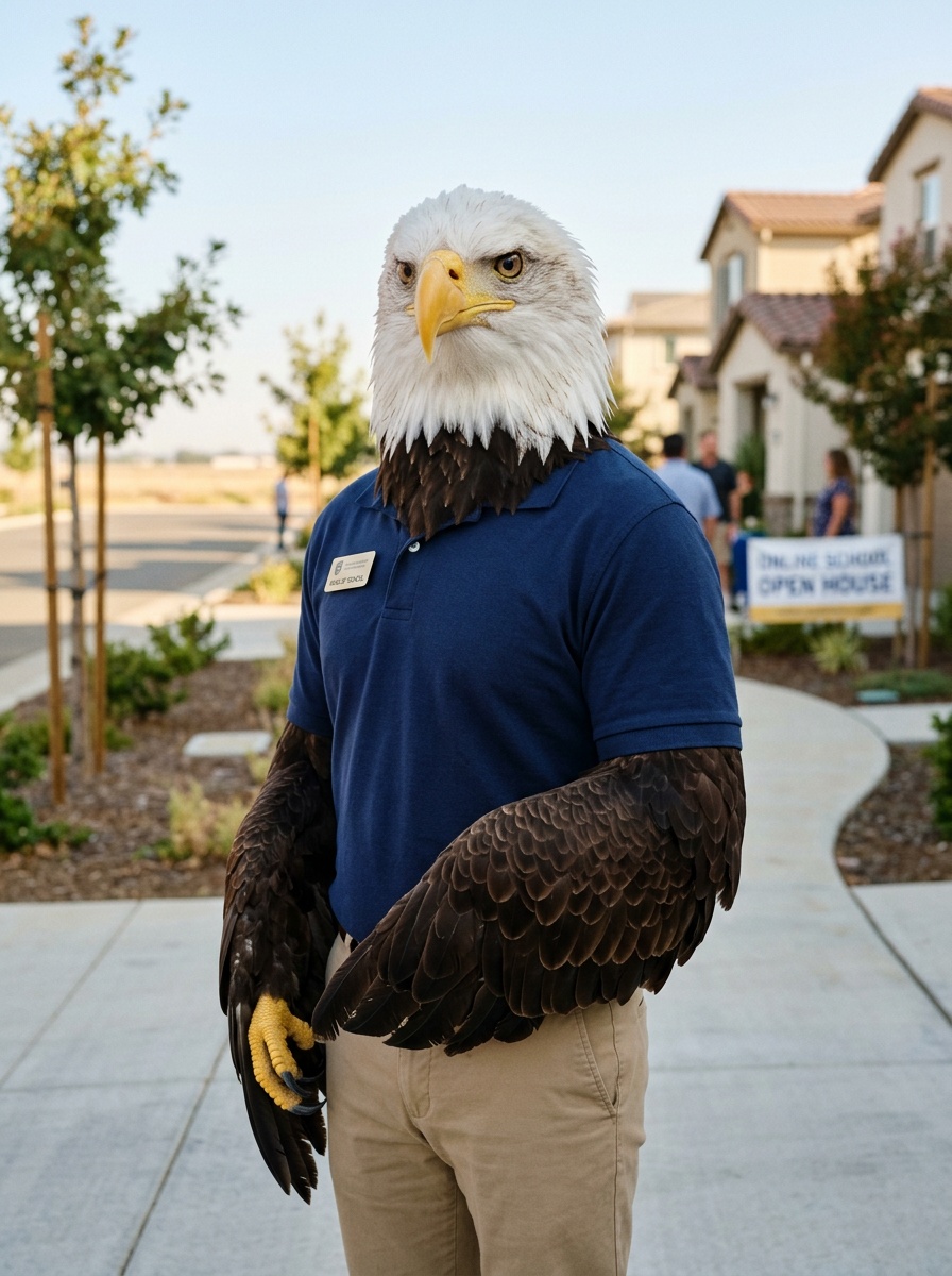 Elk Grove K-12 online home school. Eagle, Head of School, on a newer suburban Elk Grove parkway in warm morning light, young trees and tidy homes behind him.