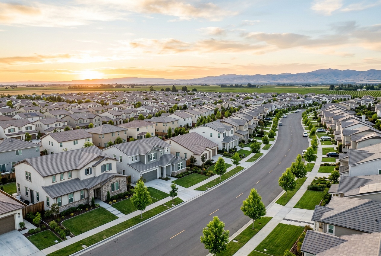A newer master-planned Elk Grove neighborhood at golden hour, wide streets and young trees under the broad Sacramento Valley sky.