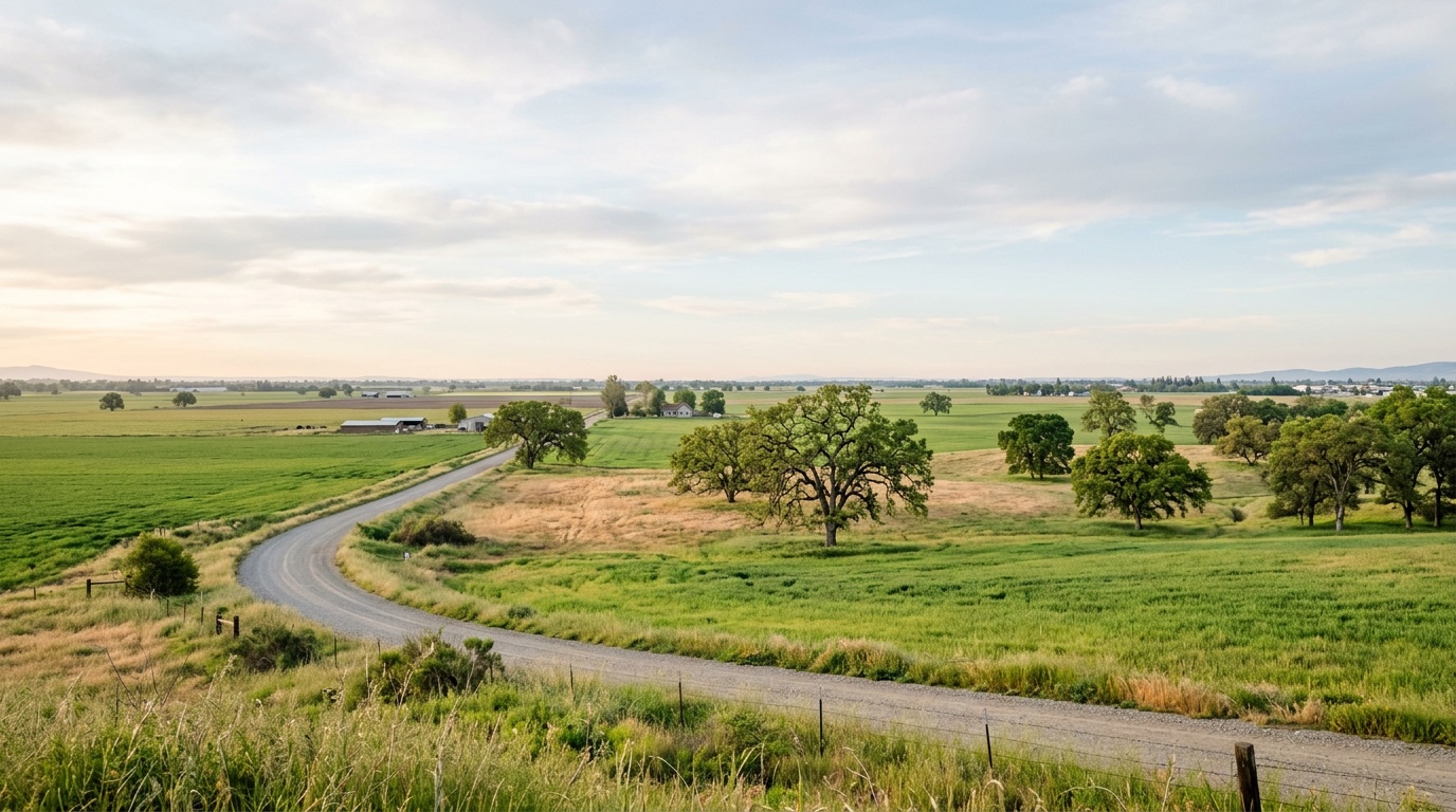 Oak-dotted Sacramento Valley farmland at the edge of Elk Grove in soft morning light, green fields and valley oaks under a wide sky.