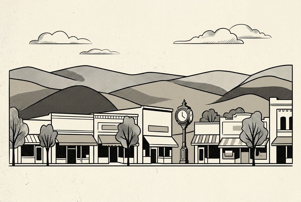 A newsprint-style illustration of downtown Escondido's Grand Avenue, low historic storefronts and street trees.