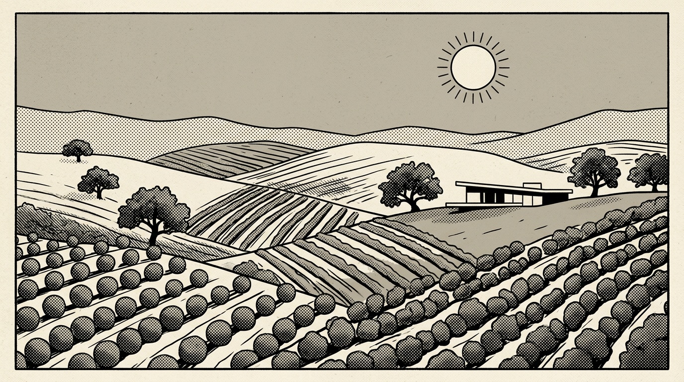 A newsprint-style illustration of the Escondido hills, citrus and avocado groves on rolling North County slopes.