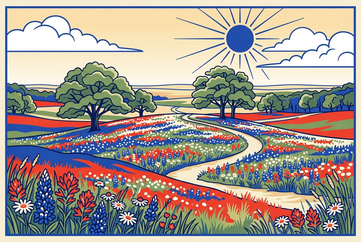 An illustrated view of the parks and prairie of Flower Mound, Texas in the north Dallas-Fort Worth area.