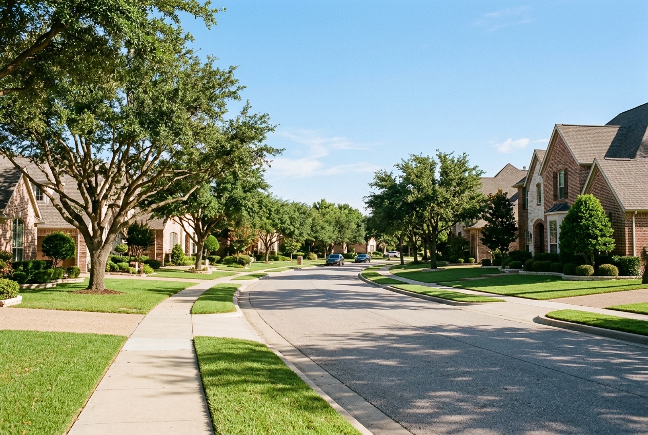 Flower Mound Texas online homeschool: an upscale tree-lined residential street with brick homes in Flower Mound, Texas.