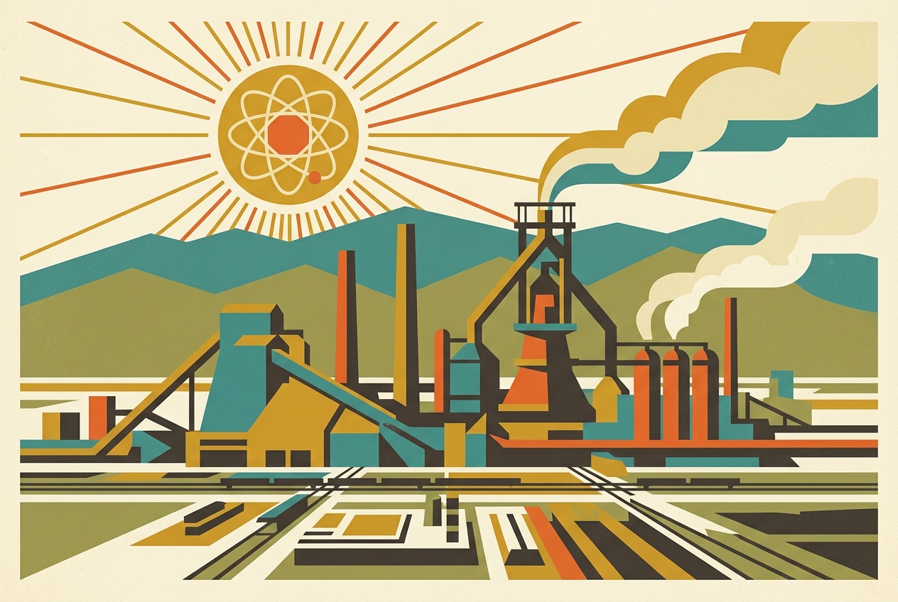 A mid-century-modern illustration of Fontana industry, a stylized steel mill with geometric stacks against the mountains.