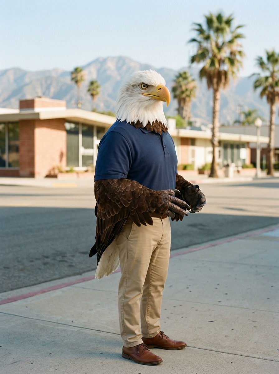 Fontana K-12 online home school. Eagle, Head of School, on a downtown Fontana sidewalk with palms and the San Gabriel Mountains.