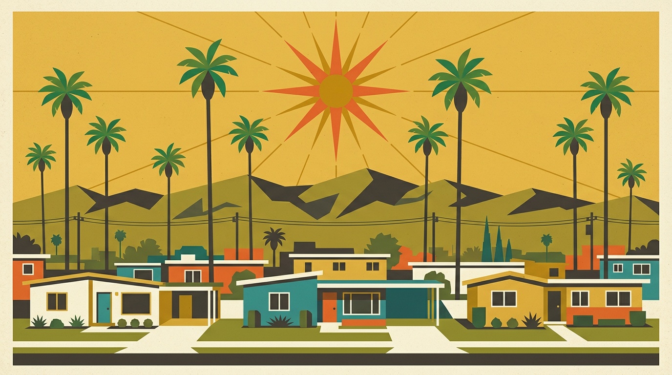 A mid-century-modern illustration of a Fontana neighborhood, flat-roofed post-war homes, palms and the San Gabriel Mountains beyond.