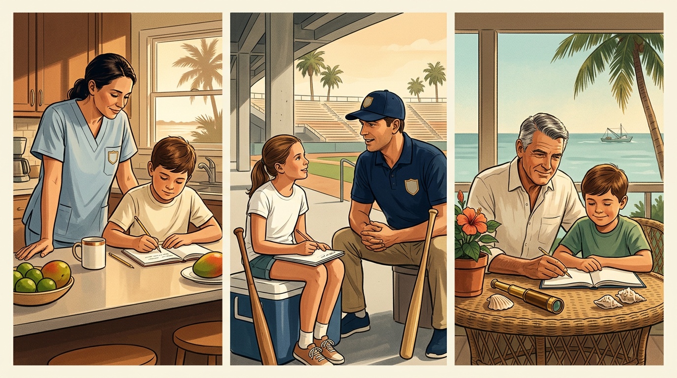 Fort Myers K-12 online home school comic strip: end-of-shift Lee Health mom, JetBlue Park spring training week dad and daughter, and multi-generational Gulf retiree grandfather + grandkid on a Sanibel lanai