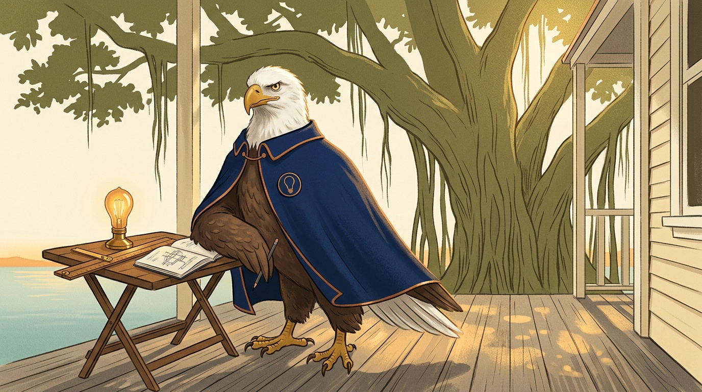 Fort Myers K-12 online home school Eagle illustration on the porch of Edison's Seminole Lodge with the banyan tree overhead and the Caloosahatchee River in the distance