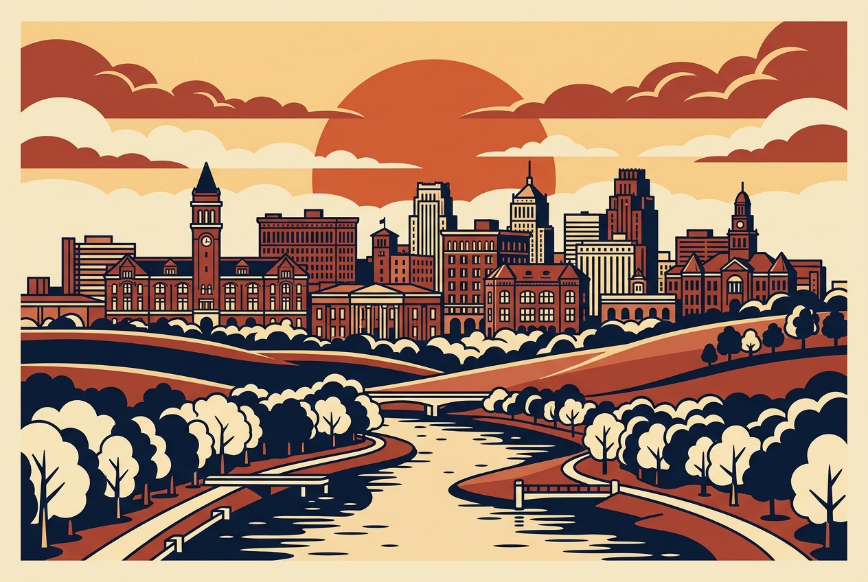 An illustrated view of the downtown Fort Worth, Texas skyline above the Trinity River with historic brick architecture.