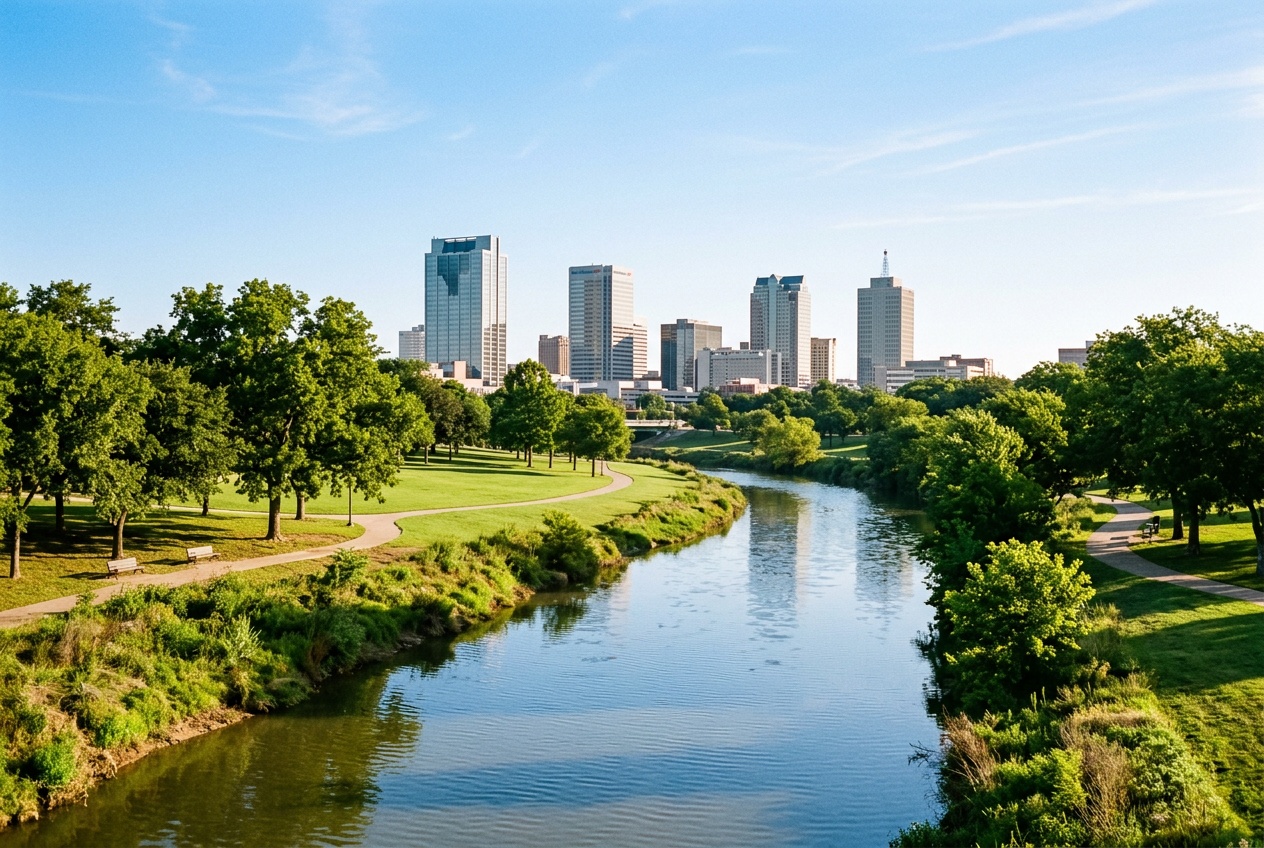 Fort Worth online home school K-12: a green park along the Trinity River with the downtown Fort Worth, Texas skyline beyond.