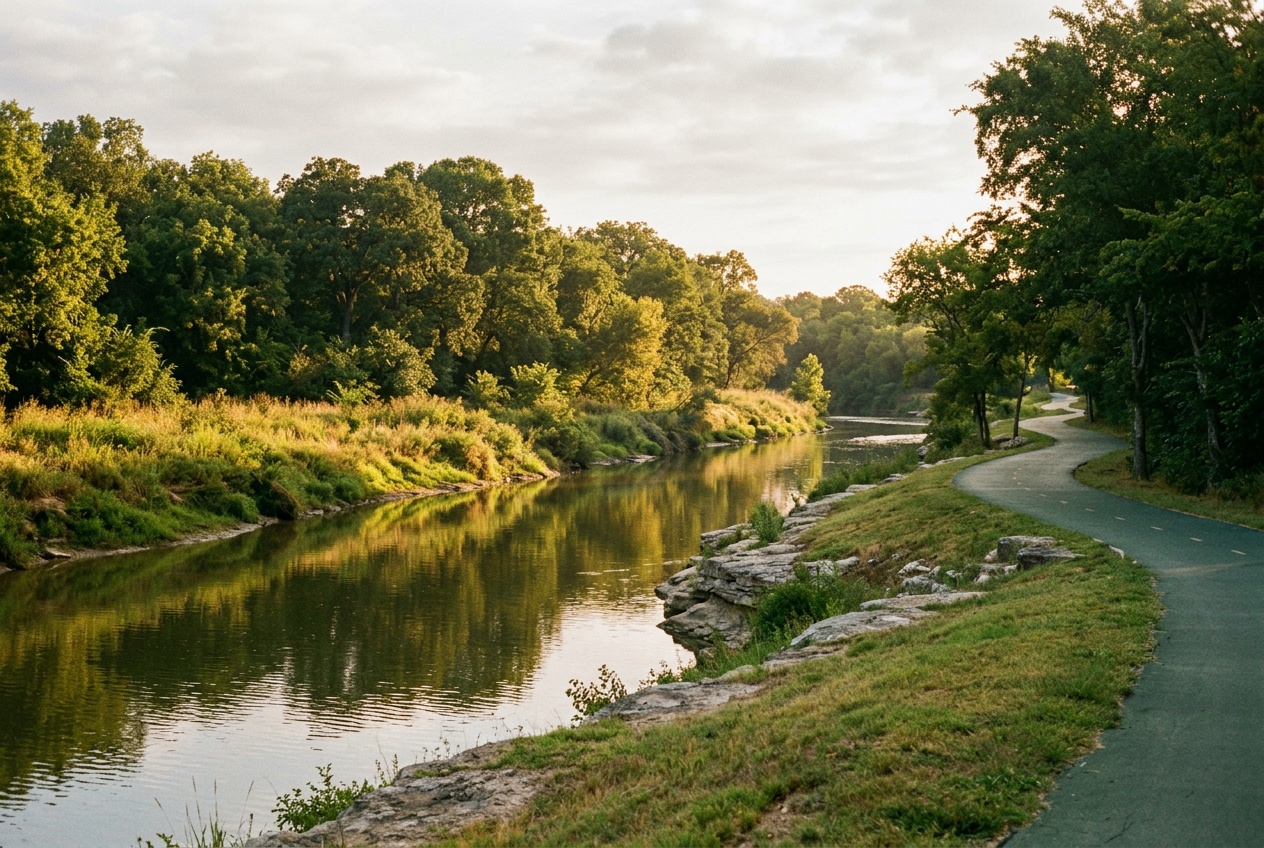 A green Trinity River trail in Fort Worth, Texas with tall trees and limestone banks.