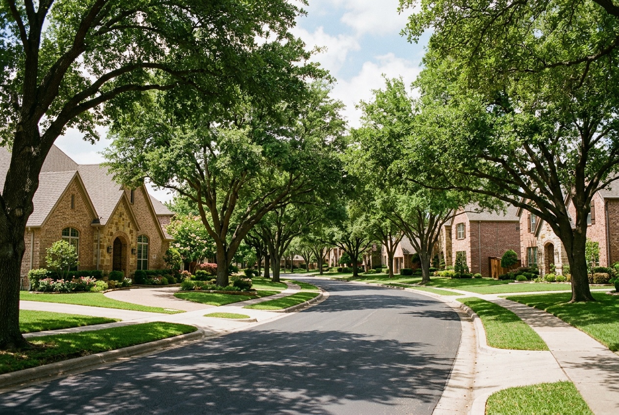 Fort Worth Texas online homeschool: an established tree-lined residential street with brick homes in a Fort Worth, Texas neighborhood.