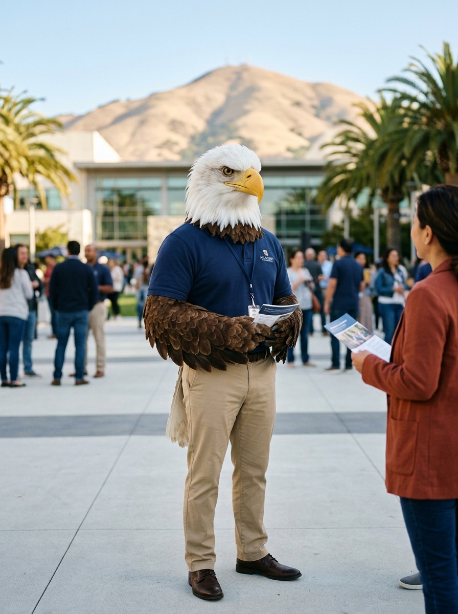 Fremont K-12 online home school. Eagle, Head of School, on a clean Silicon Valley plaza in Fremont in warm morning light, Mission Peak rising behind him.