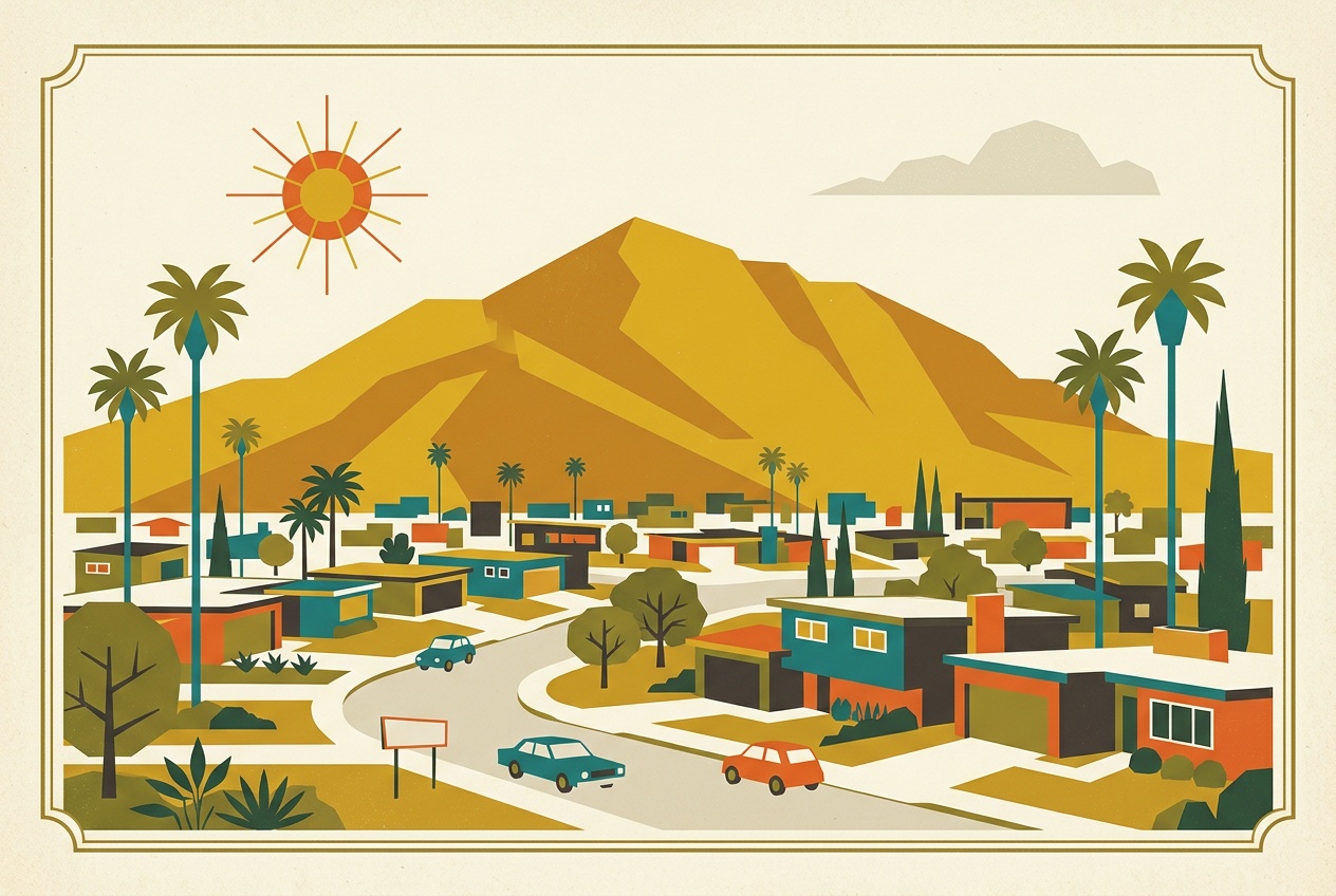 A mid-century-modern illustration of Fremont, California, Mission Peak rising over a tidy Silicon Valley suburb of flat-roofed homes and palms under a warm geometric sky.