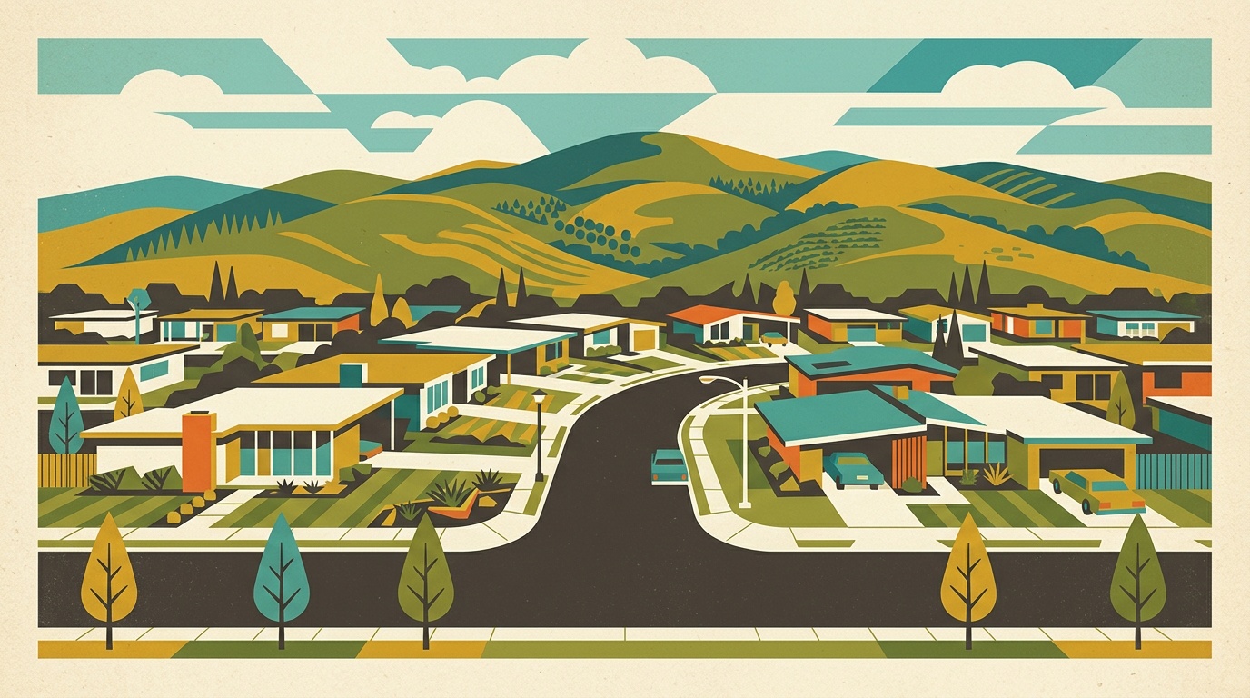 A mid-century-modern illustration of a diverse Fremont neighborhood, flat-roofed homes, young trees, and the East Bay hills beyond under a geometric sky.