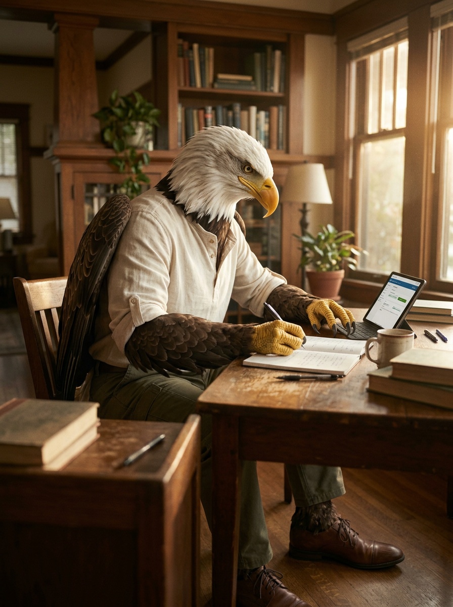 Fresno K-12 online home school curriculum study: Eagle, Head of School, reviewing the K-12 learning plan in a Central Valley craftsman home study.
