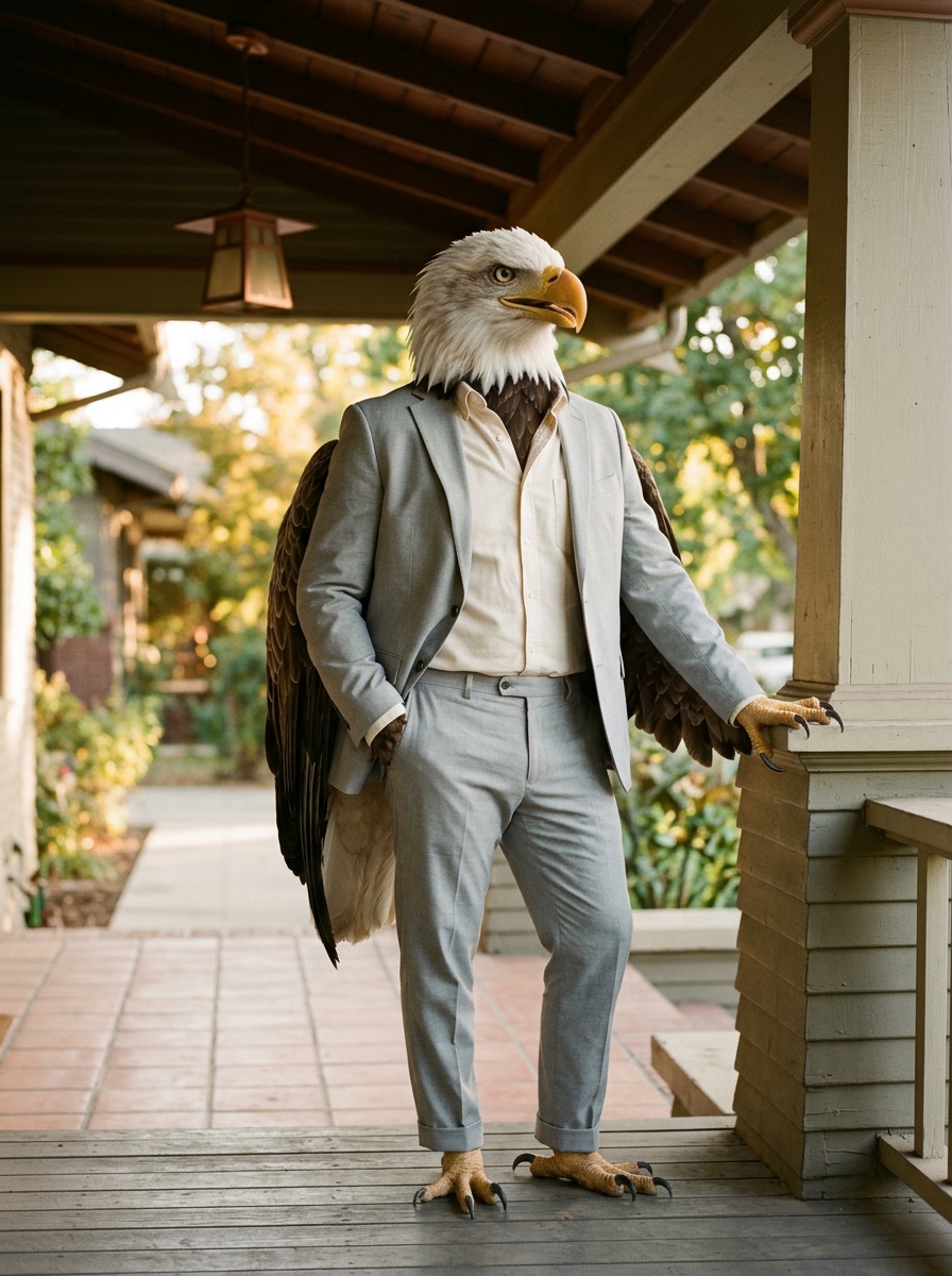 Fresno K-12 online home school: Eagle, Head of School, standing on a Central Valley craftsman porch in late-afternoon amber light.