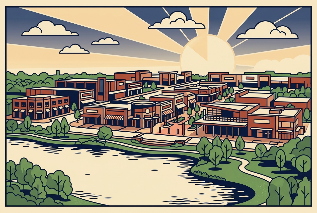 An illustrated view of Frisco, Texas, modern low-rise development and entertainment district among green parks and a lake.