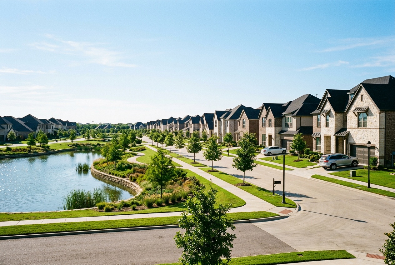 Frisco online home school K-12: a modern landscaped park-and-plaza district in Frisco, Texas with green lawns and low-rise buildings.