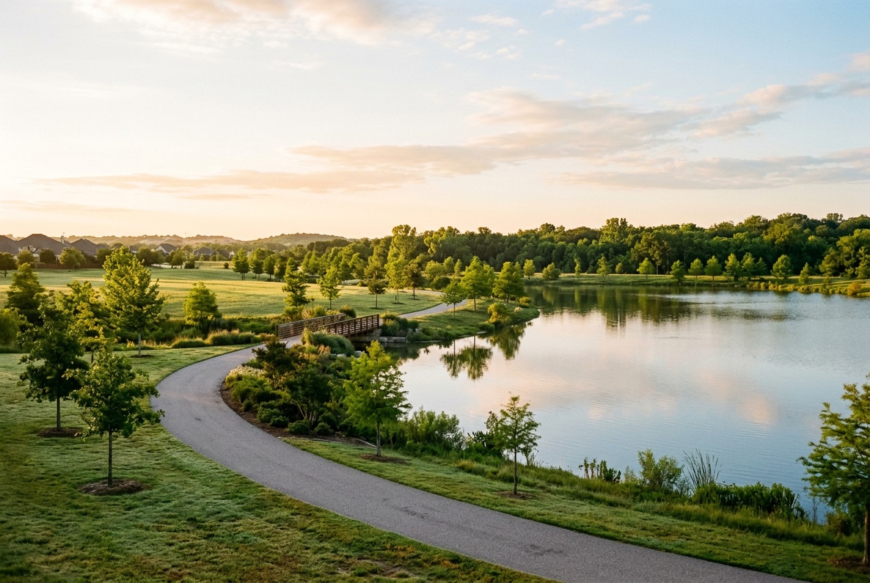 A green community park with a lake and trail in Frisco, Texas with young trees.