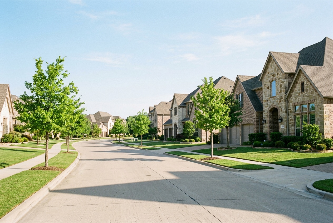 Frisco Texas online homeschool: an upscale new tree-lined residential street with large stone-and-brick homes in Frisco, Texas.
