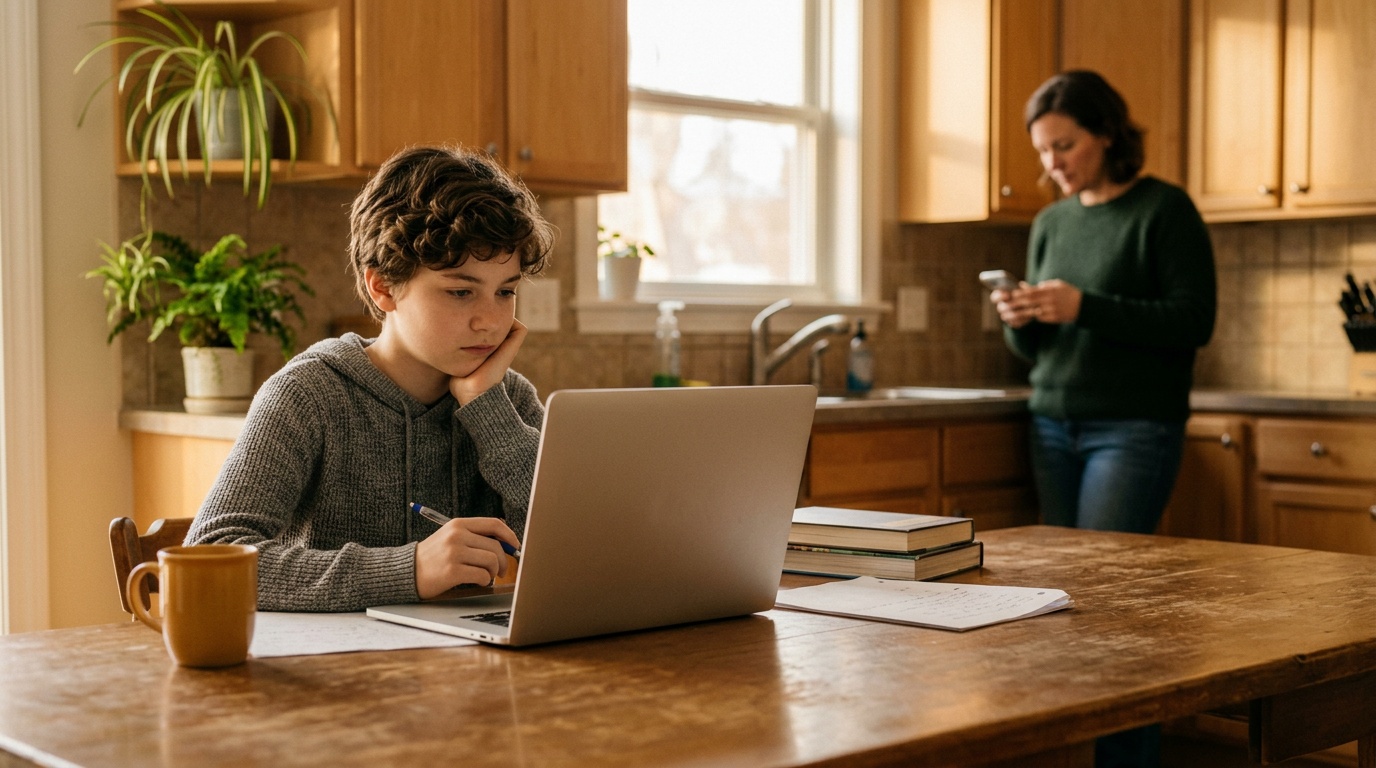 Gainesville middle school student working on a K-12 online home school program at the kitchen table