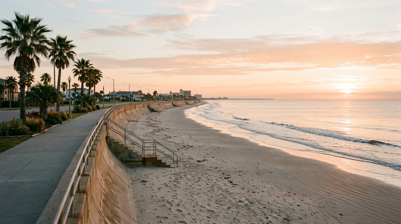 Galveston online homeschool: the Seawall and Gulf shoreline on a calm morning
