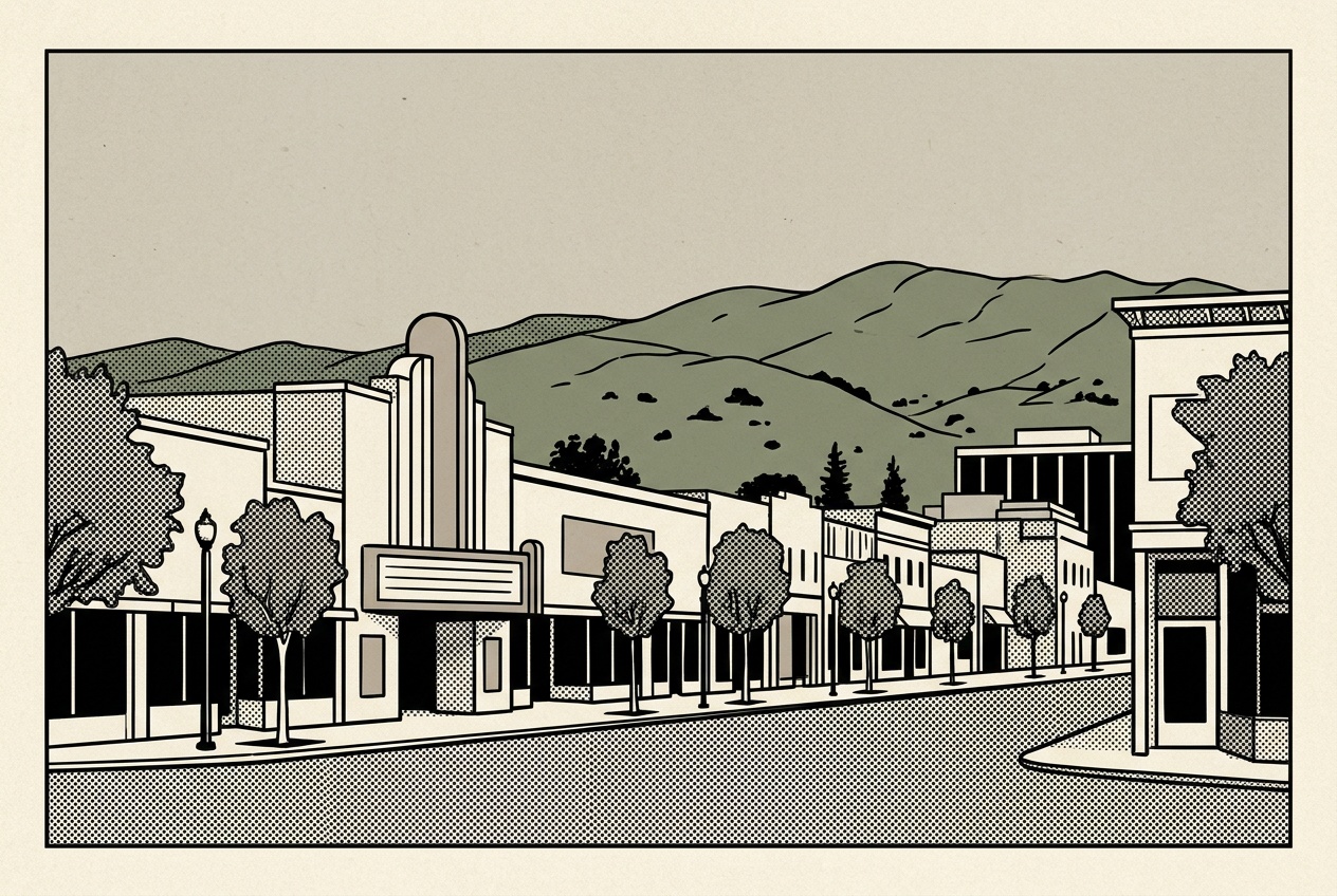 A newsprint-style illustration of downtown Hayward, low storefronts and a historic theater marquee with the East Bay hills behind.