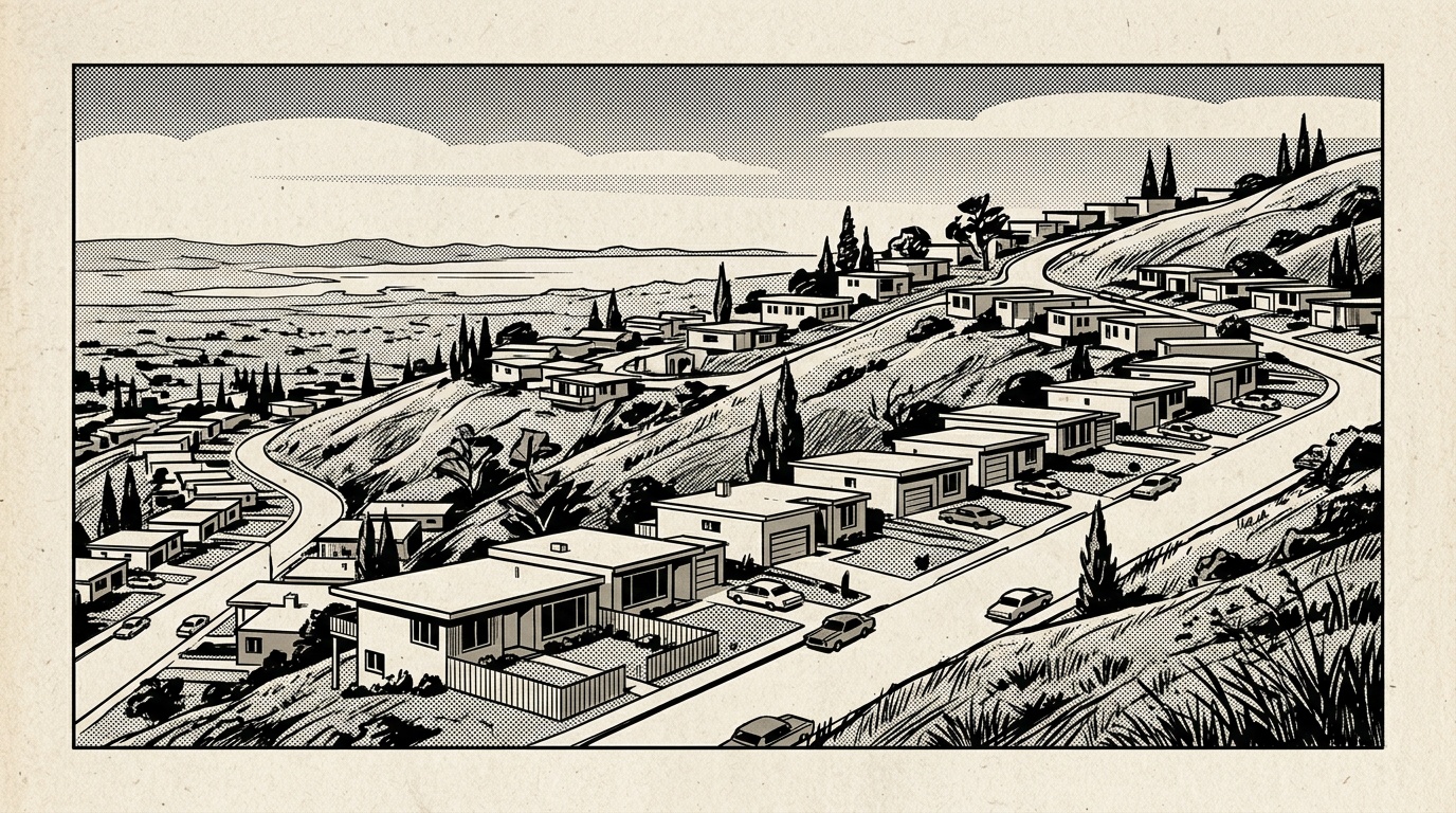 A newsprint-style illustration of a Hayward hillside neighborhood, flat-roofed homes stepping up the East Bay hills.