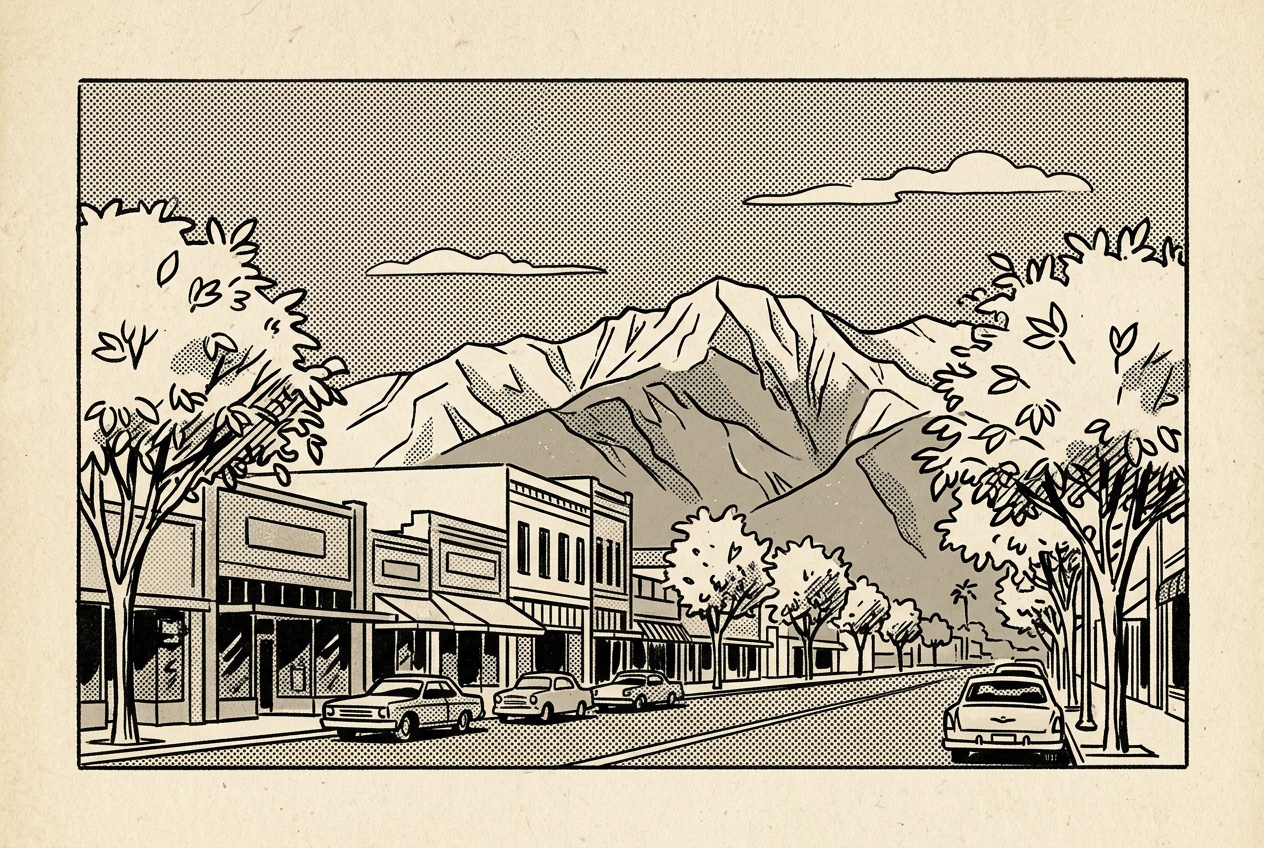 A newsprint-style illustration of downtown Hemet, low historic storefronts with the San Jacinto Mountains behind.