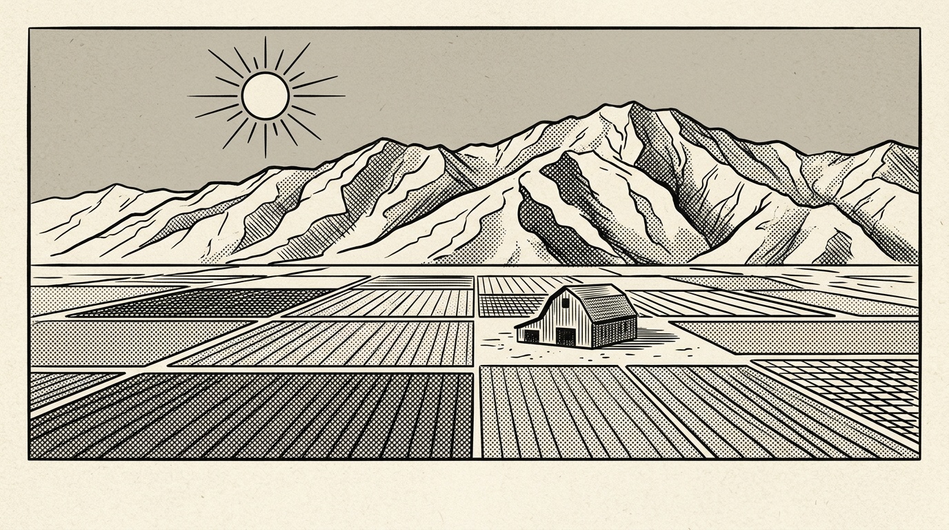 A newsprint-style illustration of the San Jacinto Valley farmland around Hemet, neat fields with the mountains beyond.