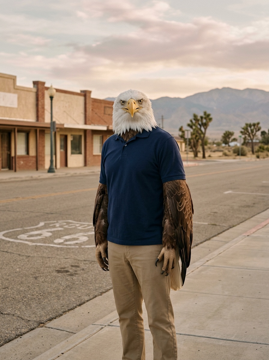 Hesperia K-12 online home school. Eagle, Head of School, on the historic Route 66 sidewalk along Main Street in old downtown Hesperia in the soft golden-hour light with a painted Route 66 shield on the road behind him and the dry silhouette of the San Bernardino Mountains rising in soft focus on the southern horizon.