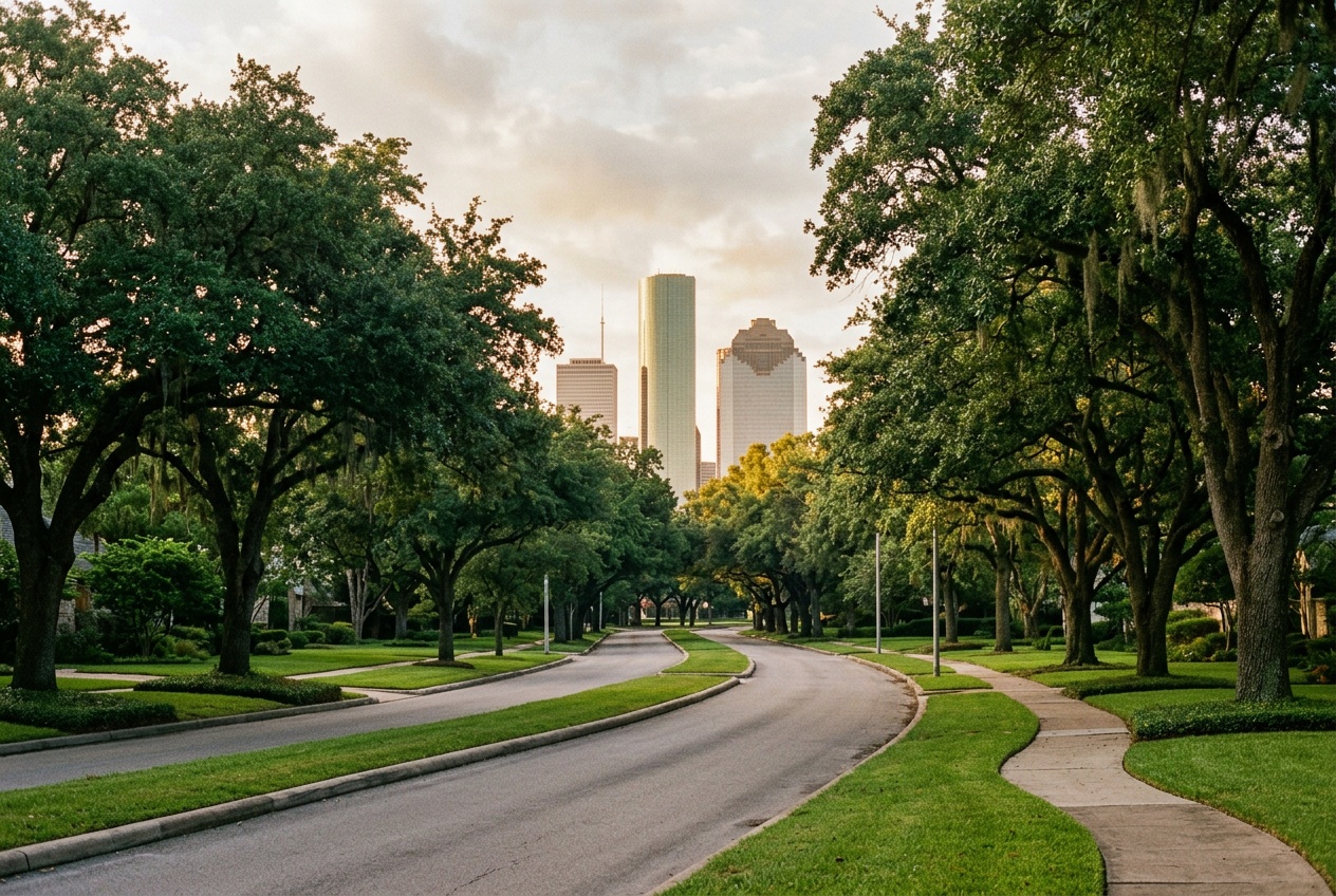 A leafy tree-lined Houston, Texas boulevard with the downtown skyline rising in the distance.
