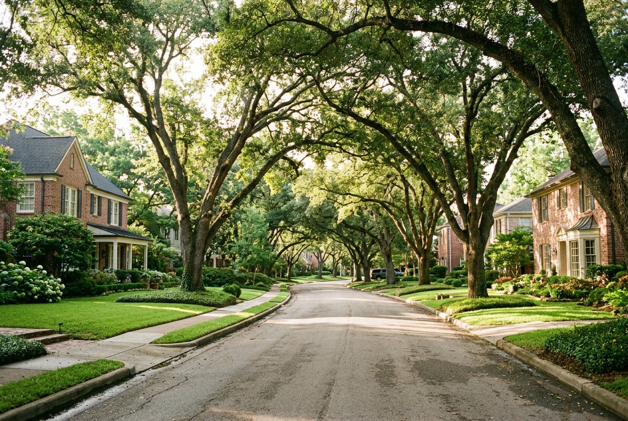 Houston online home school K-12: a leafy established residential street with live oaks in a Houston, Texas neighborhood.