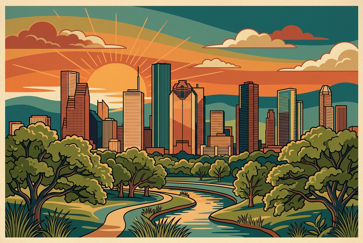 An illustrated view of the downtown Houston, Texas skyline at warm sunset with green bayou parkland in the foreground.