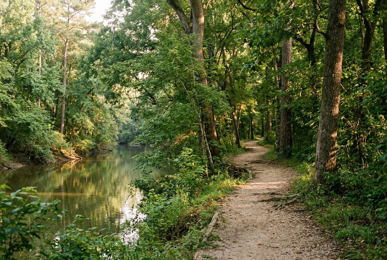 Houston Texas online homeschool: a green bayou park trail among tall trees in Houston, Texas.