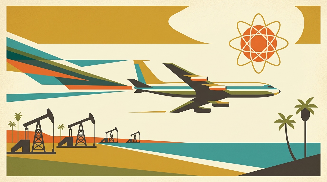 A mid-century jet-age illustration of Huntington Beach aerospace, a stylized aircraft and contrail over the coast and oil derricks.