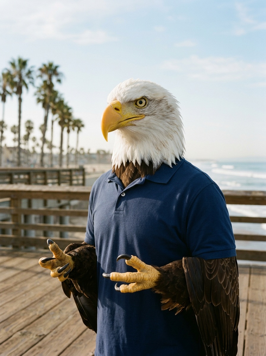 Huntington Beach K-12 online home school. Eagle, Head of School, on the Huntington Beach pier walk with palms and surf behind him.