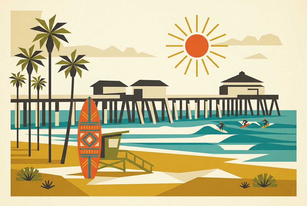 A mid-century-modern illustration of Huntington Beach Surf City, a stylized pier, surfboard and flat blue waves with palms.
