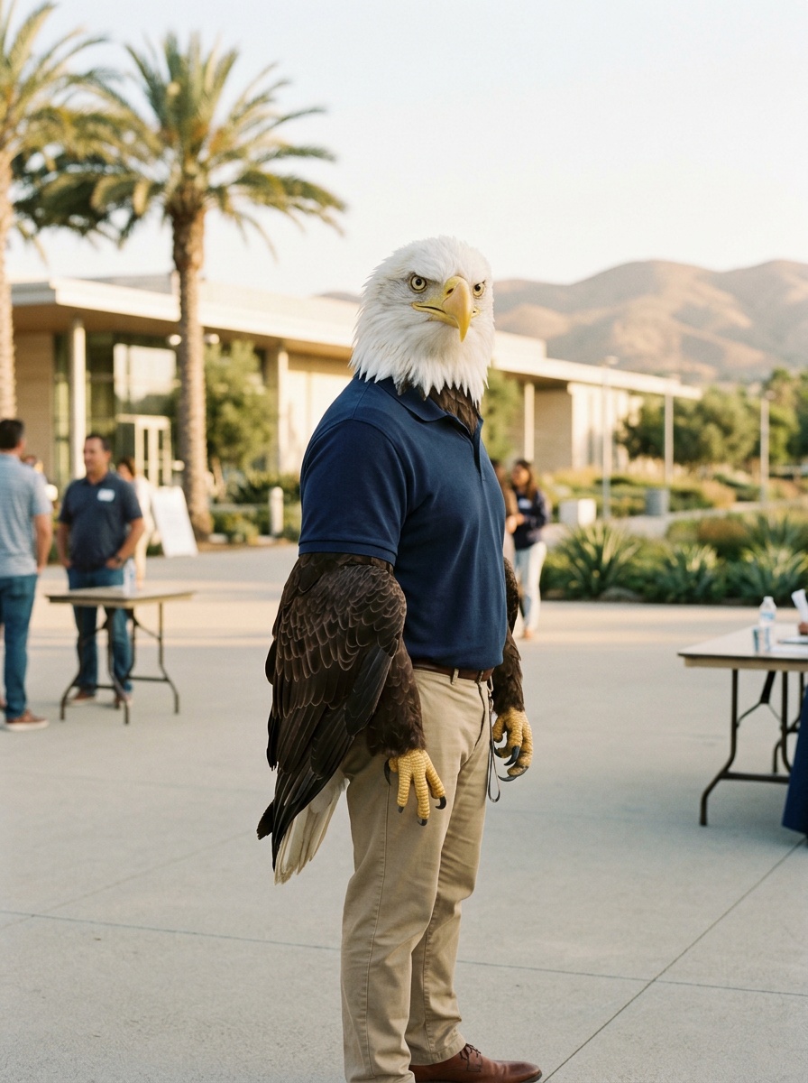 Irvine K-12 online home school. Eagle, Head of School, on a clean modern master-planned plaza in Irvine in warm morning light, tall palms and low contemporary buildings behind him, the San Joaquin hills in soft focus.
