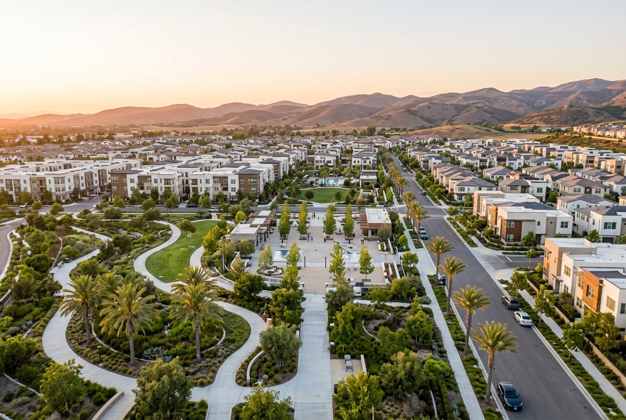 A master-planned Irvine neighborhood at golden hour, clean contemporary architecture, manicured landscaping and tall palms with the San Joaquin Hills beyond.