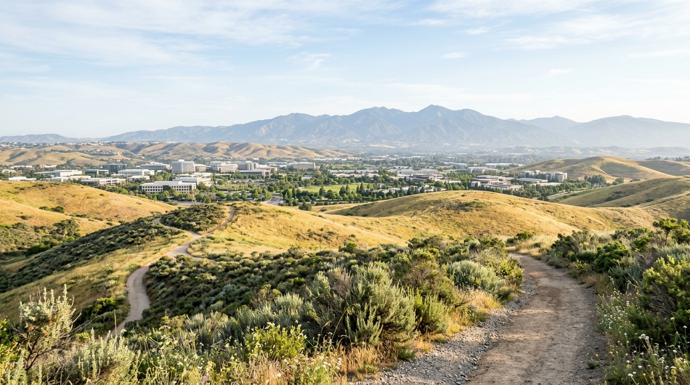 Irvine preserved open space in soft morning light, golden Quail Hill trails and coastal sage with the master-planned city and the hills beyond.