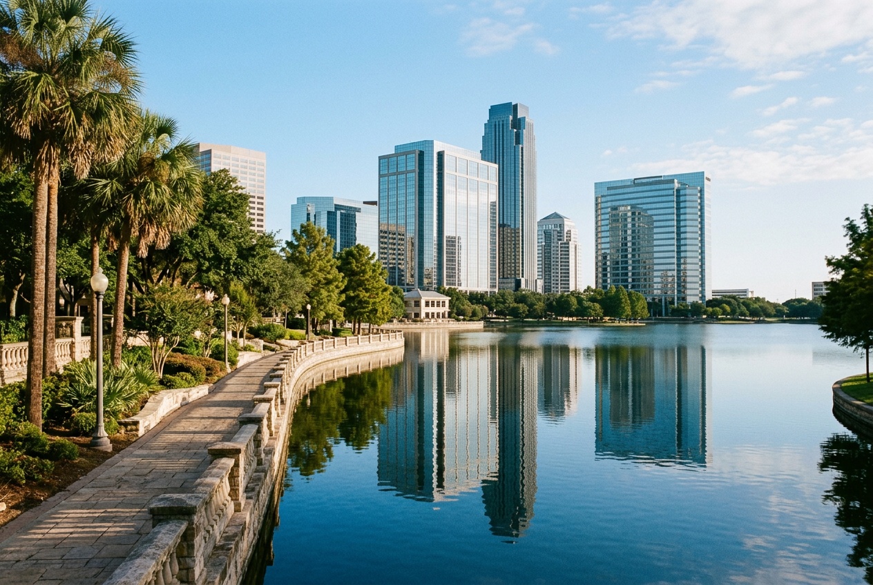 Irving online home school K-12: the Mandalay Canal and modern glass towers of the Las Colinas district in Irving, Texas.