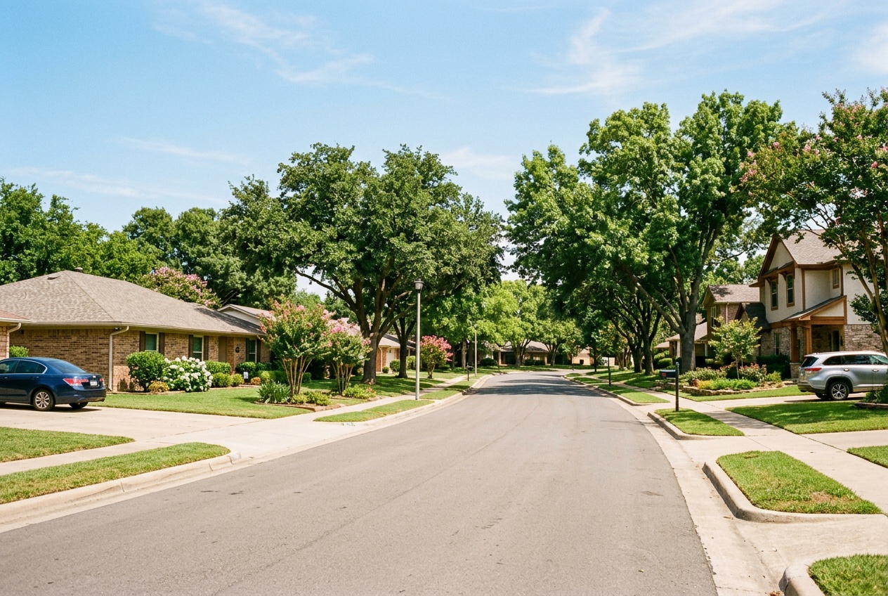 Irving Texas online homeschool: an established tree-lined Irving, Texas residential street near Las Colinas.