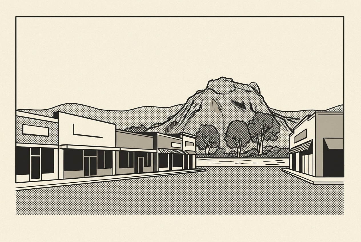 A newsprint-style illustration of Jurupa Valley near the Santa Ana River, low storefronts and a rocky hill landmark.